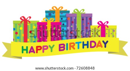Vector colorful birthday gift boxes with a yellow banner wishing 'Happy Birthday'.  Gradient free illustration.
