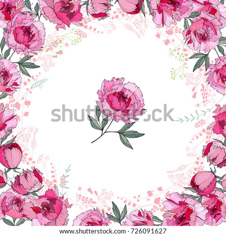 Greeting card with round frame made of roses. Pink and red flowers and space for test