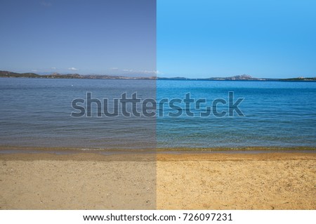 picture of a quiet beach and sea before and after the image editing process