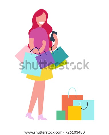 Woman with colorful shopping bags on white background. On vector illustration female is smiling holding some of bags, other ones are standing in front of her