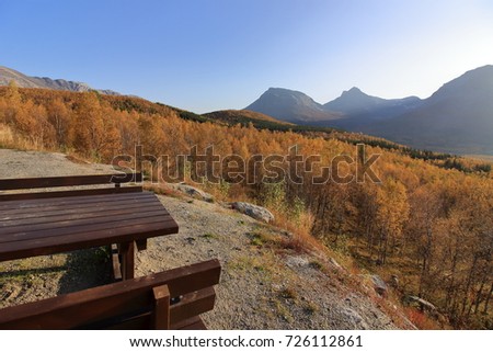 A landscape photo of a bench, colorful fall leaves, blue sky and mountain in the background