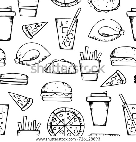 Hand-drawn fast-food seamless pattern. Illustration of lemonade, roasted chicken, fries,coffee, pizza, hamburger, hot-dog, burrito isolated on white background. Repeat backdrop for restaurant menu