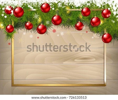 New year background. Christmas balls and spruce branches on wooden background. Vector illustration.