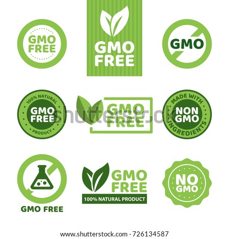 Vector illustration of different green colored GMO free emblems. 