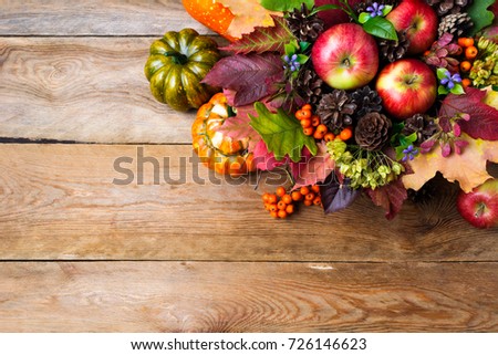 Thanksgiving or fall greeting background with ripe apples, rowan berries, green seeds, cones, blue flowers, pumpkins, leaves, copy space