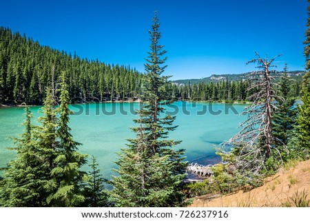 View of Sparks Lake on the Cascade Lakes Scenic Byway in Bend Oregon in Deschutes County. The lake has a natural teal green blue color from glacial sediments  Royalty-Free Stock Photo #726237916