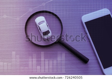 magnifying glass with a car. mobile application for searching new car