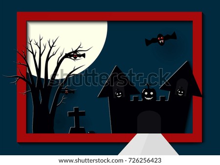 Silhouette Scene of Halloween in red portrait frame. Happy holiday at night time.