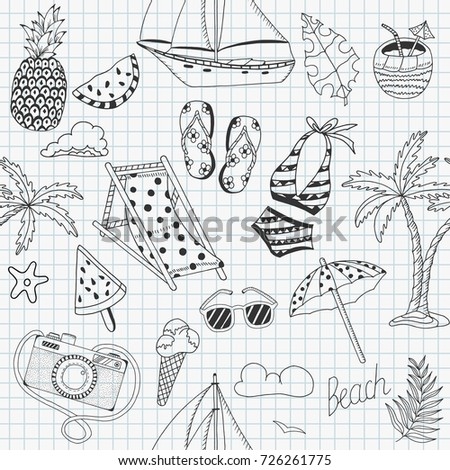 Summer beach cute doodle hand drawn vector illustrations seamless pattern