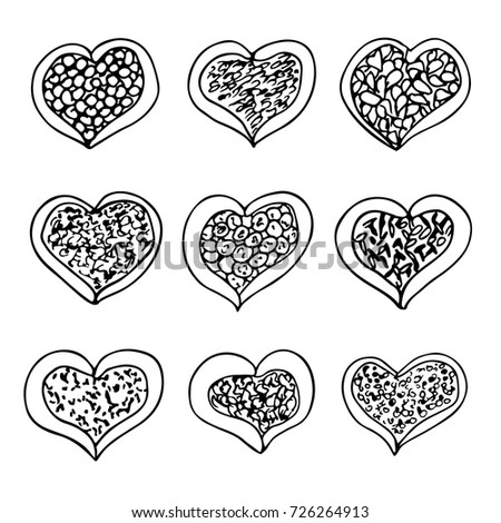 Spice hand drawn doodle set. Various spices in a heart shaped bowls. Hand drawn condiments collection. I love spices
