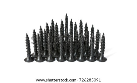 The row of black metal screws isolated on the white background. Close-up, Selective focus.