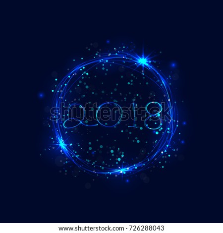 Happy new year 2018 holiday background.2018 Happy New Year greeting card.Happy new year 2018 and abstract burning circles with glitter swirl trail effect background.Glowing lights.Vector illustration