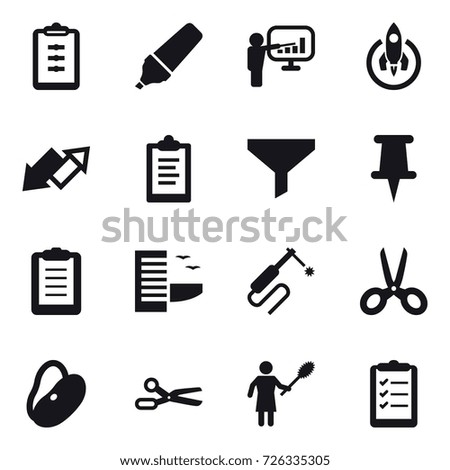 16 vector icon set : clipboard, marker, presentation, rocket, up down arrow, funnel, hotel, scissors, woman with pipidaster, clipboard list