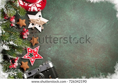 Xmas greeting card. Christmas background with snow fir tree and decoration. View from above with space for your greetings