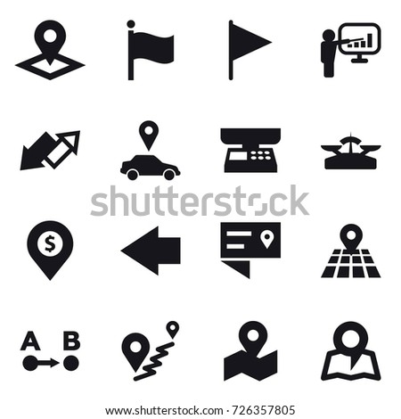 16 vector icon set : pointer, flag, presentation, up down arrow, car pointer, market scales, scales, dollar pin, left arrow, map