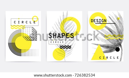 Universal trend pattern set juxtaposed with bright bold geometric leaves foliage yellow elements composition. Background in restrained sustained tempered style. Magazine, leaflet, billboard, sale Royalty-Free Stock Photo #726382534