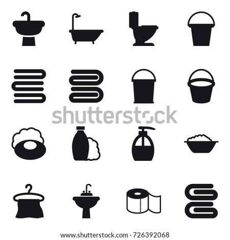 16 vector icon set : bath, toilet, bucket, towels, towel, soap, shampoo, liquid soap, foam basin, hanger, water tap sink, toilet paper, stack of towels