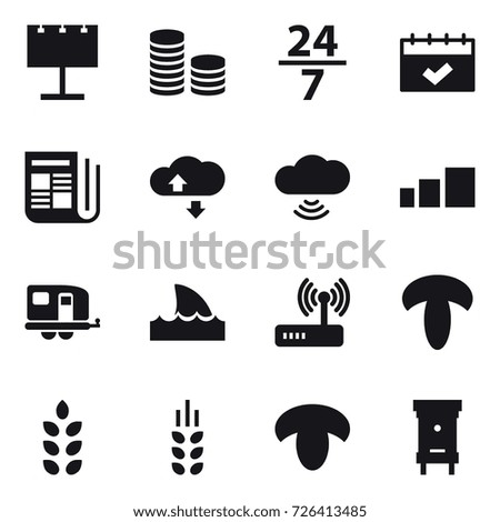 16 vector icon set : billboard, coin stack, 24/7, calendar, newspaper, cloud service, cloud wireless, trailer, shark flipper, spikelets, mushroom, hive