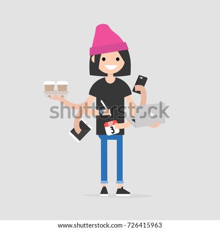 Intern, conceptual illustration. Multitasking millennial concept. Young female character with six hands doing a lot of tasks at the same time  / flat editable vector illustration
