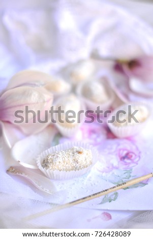 handmade candy with coconut. on white drawing of watercolor. decor of magnolia flowers. drawing by brush and paints