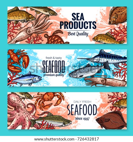 Seafood market product banners templates of fresh squid, lobster crab or flounder and salmon, tuna or octopus and prawn shrimp, ocean trout with spats and herring. Vector sketch sea fish food