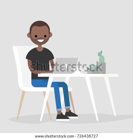 Working space. Young black character typing on a laptop / flat editable vector illustration, clip art