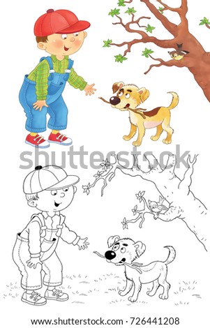 Four seasons. A cute boy and his dog playing outdoors in spring. Coloring page. Coloring book. Illustration for children 