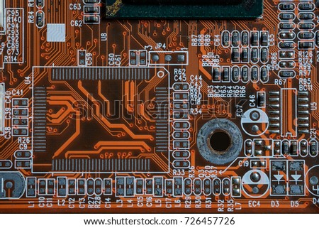 Electronic computer hardware technology. Motherboard digital chip Tech science background. Integrated communication processor. Information engineering component. On mainboard not brand name or logo