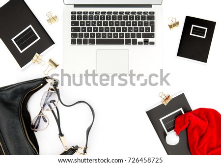 Working place with Christmas decoration on white background. Fashion flat lay for social media