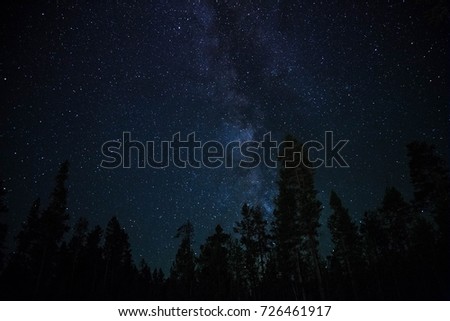 stunning view of the milky way galaxy with trees glowing beneath the starry sky. This image of the cosmos and universe taken with a telescope shows celestial astrophotography 