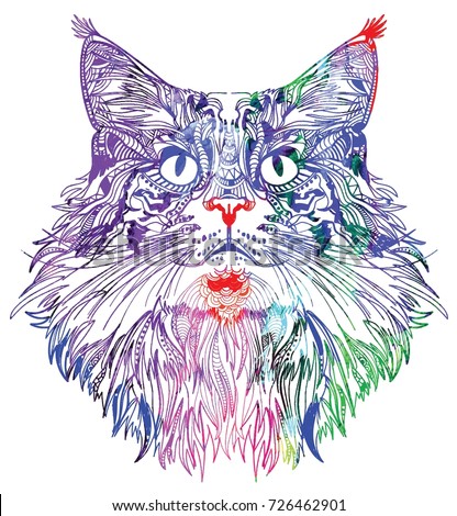 The head of a cat. Fluffy kitten. Drawing manually in vintage style. Meditative coloring. Coloring for children. Arrows, points, patterns.