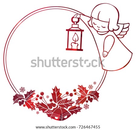 Christmas round sparkling frame with cute angels. Copy space. Christmas holiday background. Vector clip art.