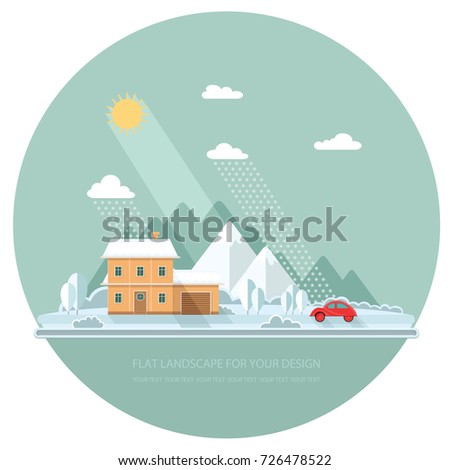 Winter landscape of nature. A village with white trees, fir trees, lovely houses in the background of mountains. Printing fabrics. Vector flat illustration, EPS 10.