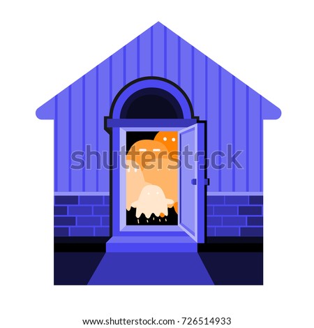 Blue silhouette of the house with orange ghosts. Entrance to the house with ghosts. Halloween vector image