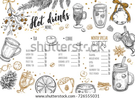 Hot drinks Winter Menu. Design template includes different hand drawn illustrations and Brushpen Lettering. Beverages, drinks and christmas elements. Mulled wine, Hot chocolate, Latte, Tea, Grog etc. Royalty-Free Stock Photo #726555031