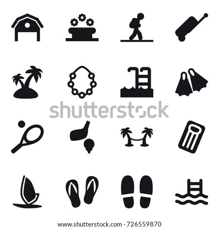 16 vector icon set : barn, flower bed, tourist, suitcase, island, hawaiian wreath, pool, flippers, tennis, golf, palm hammock, inflatable mattress, windsurfing, flip-flops, slippers