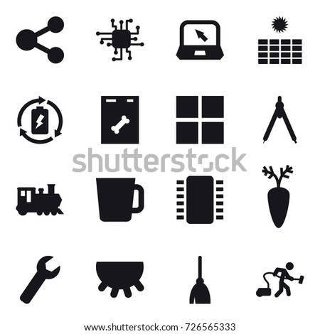 16 vector icon set : share, chip, notebook, sun power, battery charge, window, drawing compass, train, cup, wrench, udder, broom, vacuum cleaner