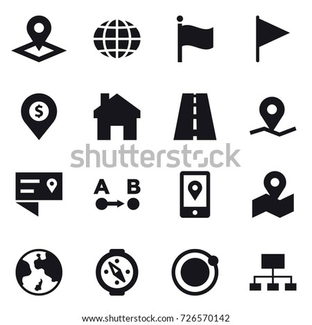 16 vector icon set : pointer, globe, flag, dollar pin, home, earth, compass, hierarchy