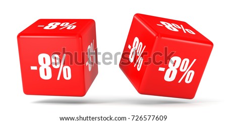 Eight percent off. Discount 8 %. 3D illustration on white background. Red cubes.