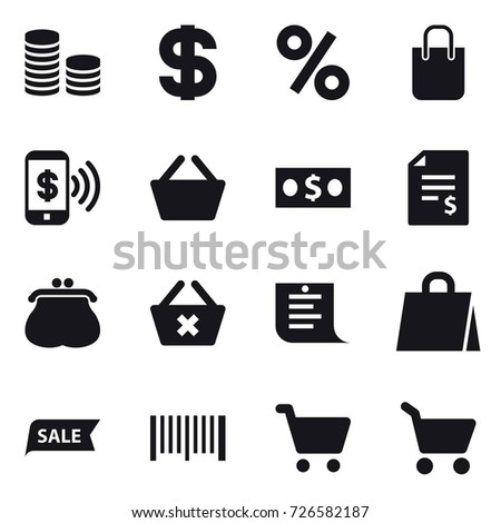 16 vector icon set : coin stack, dollar, percent, shopping bag, phone pay, basket, money, account balance, purse, delete cart, shopping list, sale, barcode, cart