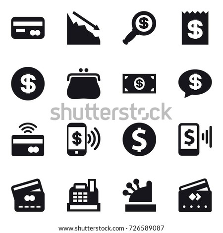 16 vector icon set : card, crisis, dollar magnifier, receipt, dollar, purse, money, money message, tap to pay, phone pay, dollar coin, mobile pay, credit card, cashbox