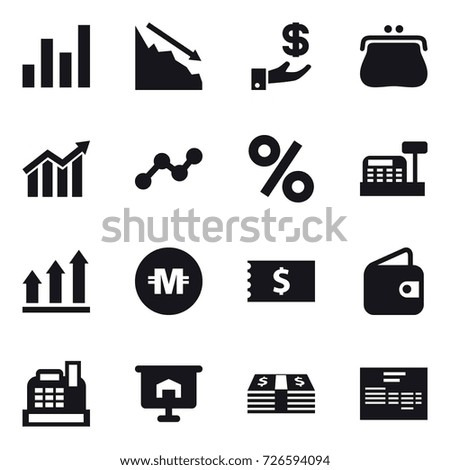 16 vector icon set : graph, crisis, investment, purse, diagram, percent, cashbox, graph up, crypto currency, receipt, wallet, presentation