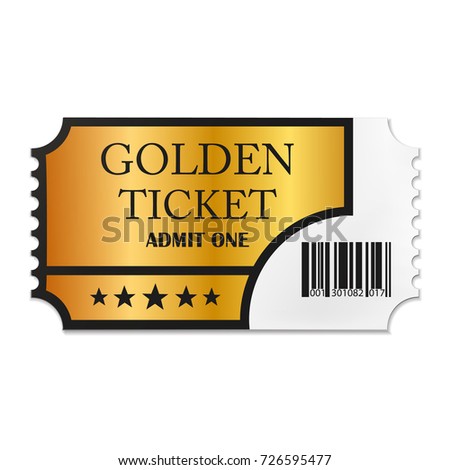 Designed retro Golden Ticket close up top view isolated on white background. Vector illustration. Eps 10.