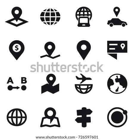 16 vector icon set : pointer, globe, notebook globe, car pointer, dollar pin, earth, map, signpost