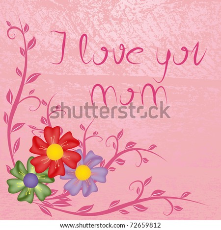 Mother's day card with flowers on the pink splotchy background