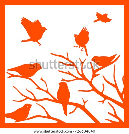 Orange silhouette in the frame, birds on a branch, on a white background.vector