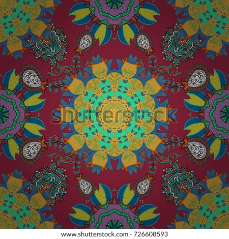Vector seamless pattern with hand drawn doodle flowers. On red, blue and yellow backdrop. Cute floral background for textile, fabric, wrapping, scrapbooking. Childish design.