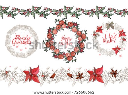 Christmas set  with festive elements. Calligraphy phrases, hand drawn. Winter garland with poinsettia.. Isolated elements for festive season design,decoration, advertisement, greeting cards.