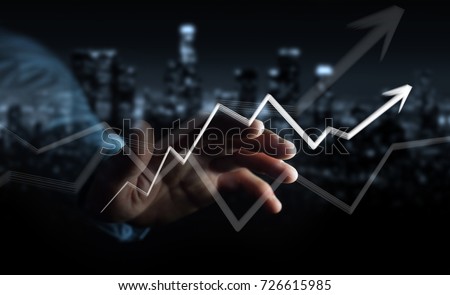 Businessman on blurred background touching hand-drawn arrow going up