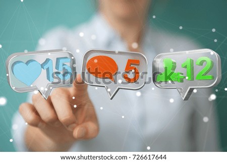 Businesswoman on blurred background using digital colorful social media icons 3D rendering